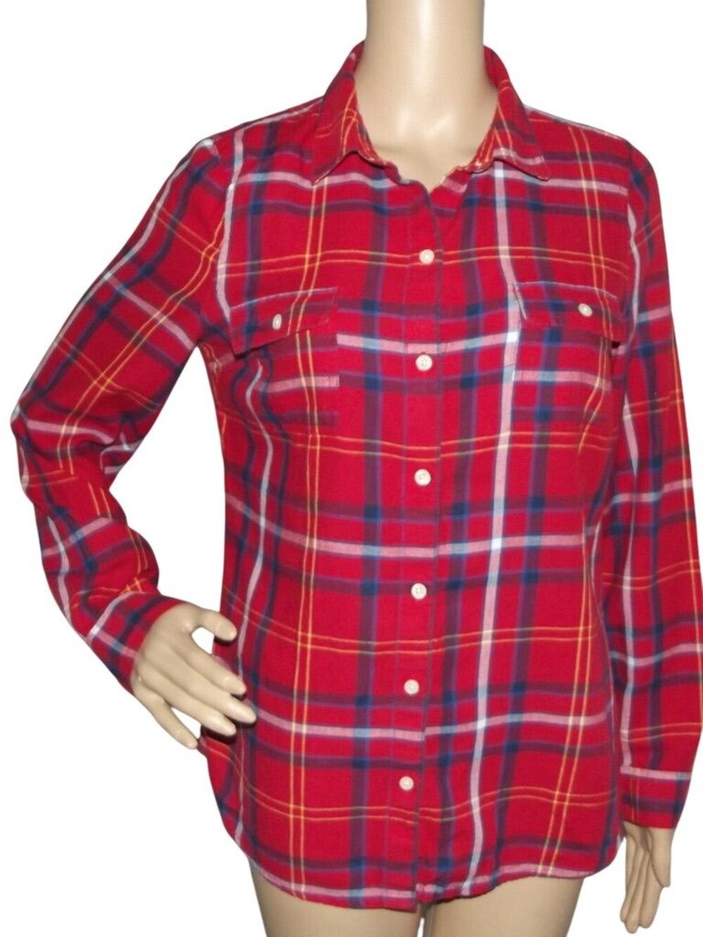 Old Navy Flannel Plaid Shirt Womens Size Small Red Blue Gold multi